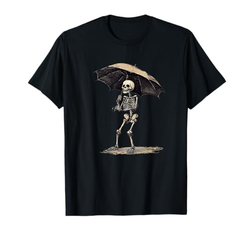 Lustiger Regenschirm in der Hand, Skelett in Aktion Outfit T-Shirt von Umbrella Skeleton