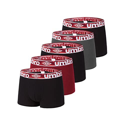 Unterhosen Männer 100% Baumwolle, Boxershorts Herren, Perfekter Halt (5er Pack), Schwarz/Rot/Grau, M von UMBRO