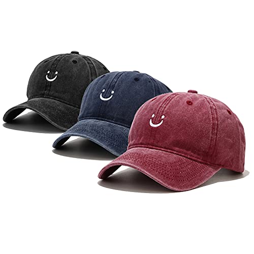 Umeepar Unisex 3er-Pack Baseball Cap Outdoor Kappe Mütze Hüte Vintage Verstellbar für Damen Herren, B Lächelndes Gesicht Schwarz Burgund Dunkelblau von Umeepar