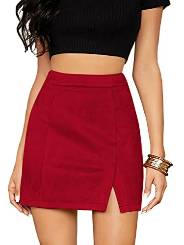 Umenlele Damen Basic Split Hem High Waist Suede Mini Bleistift Bodycon Rock, rot, Klein von Umenlele