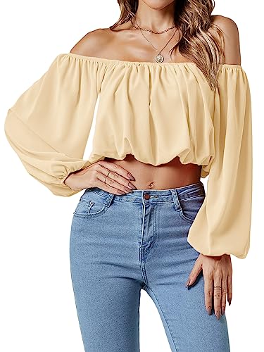 Umenlele Damen Casual Schulterfrei Geraffte Laterne Langarm Crop Top Bluse Shirt, Beige, Mittel von Umenlele