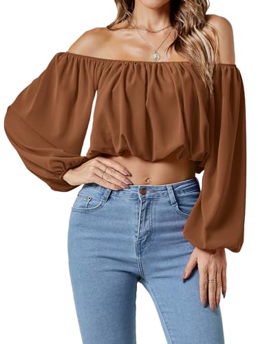 Umenlele Damen Casual Schulterfrei Geraffte Laterne Langarm Crop Top Bluse Shirt, Braun, Groß von Umenlele