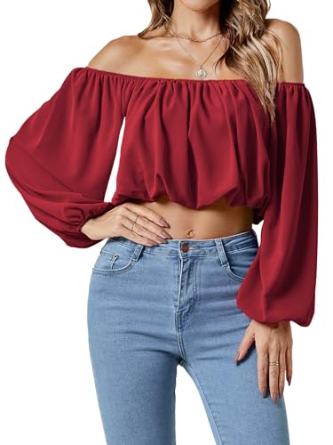 Umenlele Damen Casual Schulterfrei Geraffte Laterne Langarm Crop Top Bluse Shirt, Dunkelrot, Groß von Umenlele
