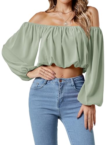 Umenlele Damen Casual Schulterfrei Geraffte Laterne Langarm Crop Top Bluse Shirt, Pea Green, Groß von Umenlele