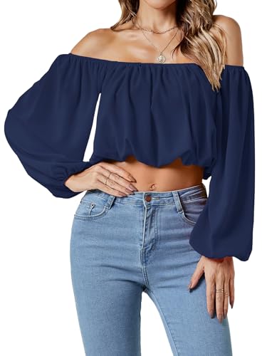 Umenlele Damen Casual Schulterfrei Geraffte Laterne Langarm Crop Top Bluse Shirt, Tiefes Blau, Groß von Umenlele