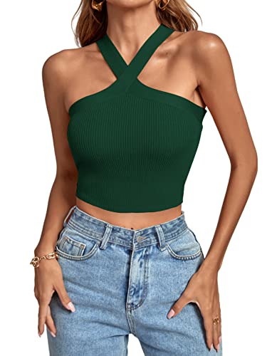 Umenlele Damen Criss Cross Neckholder Crop Top Ärmellos Rippstrick Cami Tank Tops, dunkelgrün, Mittel von Umenlele