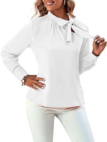 Umenlele Damen Elegant Tie Knot Mock Neck Ruched Langarm Bluse Shirt Top, Weiß, Klein von Umenlele