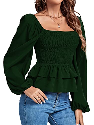 Umenlele Damen Quadratischer Ausschnitt Laterne Langarm Gerafft Rüschen Saum Gesmoktes Schößchen Babydoll Bluse Shirt Top, Dunkelgrün, X-Groß von Umenlele