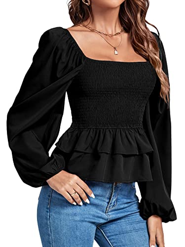 Umenlele Damen Quadratischer Ausschnitt Laterne Langarm Gerafft Rüschen Saum Gesmoktes Schößchen Babydoll Bluse Shirt Top, Schwarz, Groß von Umenlele
