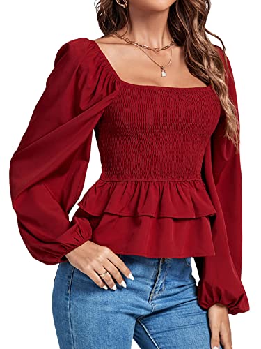 Umenlele Damen Quadratischer Ausschnitt Laterne Langarm Gerafft Rüschen Saum Gesmoktes Schößchen Babydoll Bluse Shirt Top, Weinrot, X-Groß von Umenlele