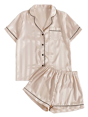 Umenlele Damen-Schlafanzug, seidig, gestreift, kurzärmelig, Oberteil mit Shorts, Nachtwäsche PJ Set, Beige, S von Umenlele