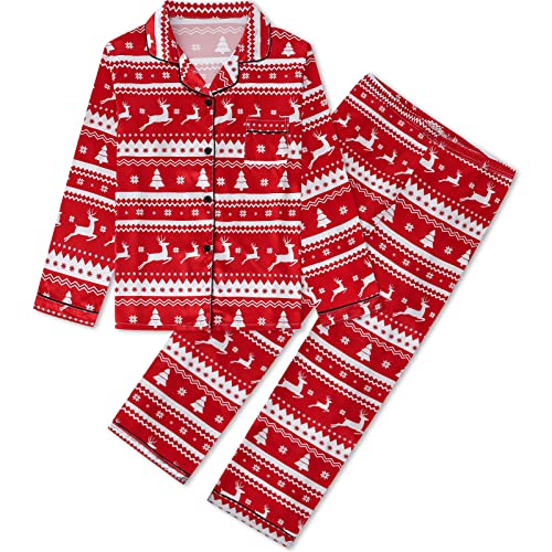 Umeyda Damen & Kinder Jungen Mädchen Seidig Satin Pyjama Set Langarm Button Down Nachtwäsche 2-teiliges Set Loungewear, Y-Christmas Red, S von Umeyda