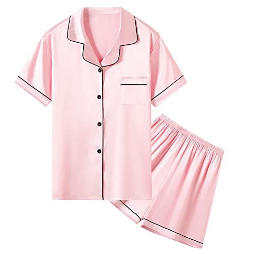 Umeyda Damen & Mädchen Jungen Kinder Satin Pyjama Set Weich Leicht Seide Button-Down Top mit Shorts 2 Stück PJS, Rosa, S von Umeyda