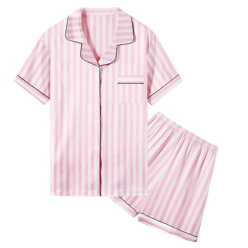 Umeyda Damen & Mädchen Satin Schlafanzug, weiche Seide Button Down Nachtwäsche 2-teiliges Pyjama-Set, Geschenke für Mama/Ehefrau, Muttertag, Babyrosa, XS von Umeyda