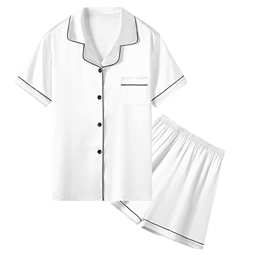 Umeyda Damen & Mädchen Satin Schlafanzug, weiche Seide Button Down Nachtwäsche 2-teiliges Pyjama-Set, Geschenke für Mama/Ehefrau, Muttertag, Weiss/opulenter Garten, XS von Umeyda