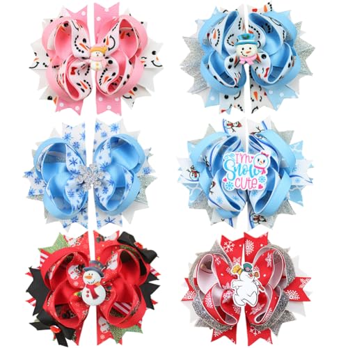 Umibow 6 Stück Weihnachts-Haarschleifen, Glitzer, Schneemann, Haarschleifen mit Krokodilklemmen, Weihnachtsschleife, Haarspangen für Mädchen und Frauen von Umibow