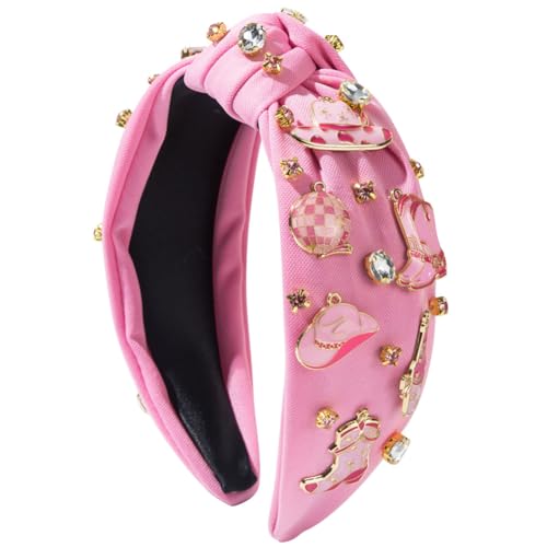 Umibow Western-Stirnband, Cowgirl-Stiefel, Hut, Strass, Kristall, verziert, breiter Knoten, Haarband für Damen, Country-Konzert, Rodeo, Nashville, Rosa von Umibow