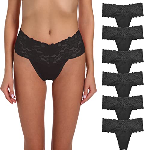 Umiehary Hohe Taille T Zurück Spitze Mode & Retro Dicke Band Frauen Tangas mit Mehrere Farben Plus Größe, 6 Stück schwarze Tangas, M von Umiehary