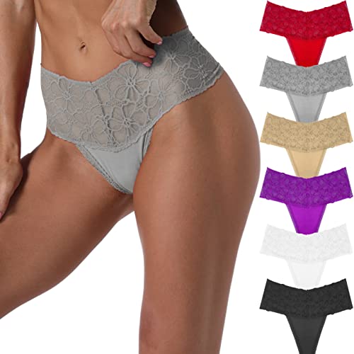 Umiehary Hohe Taille T Zurück Spitze Mode & Retro Dicke Band Frauen Tangas mit Mehrere Farben Plus Größe, 6 x Tangas mit Blumenmuster, M von Umiehary