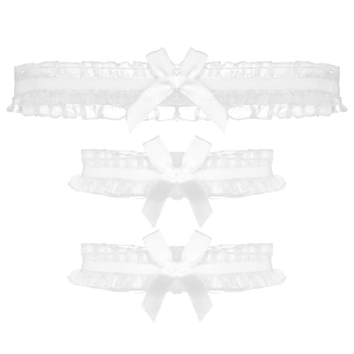 Umiin Strumpfband - und Armband-Set, weiße Strumpfbänder mit Spitze und Schleifenband, Brautzubehör, Hochzeitsbedarf, 2 Stück Armbänder & 1 Stück Strumpfband für Braut von Umiin