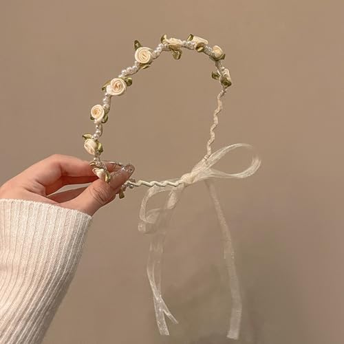 Stirnband, Haarschmuck für Frauen Mädchen, Mode Blumenmädchen Stirnbänder Haarband Blume Kopfbedeckung mit Perlenperlen, Beige von Umiin