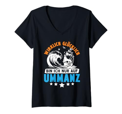 Damen Ostsee Urlaub WIRKLICH GLÜCKLICH Bin ICH NUR AUF UMMANZ T-Shirt mit V-Ausschnitt von Ummanz Geschenk Ostsee Shirt Ummanz Souvenier