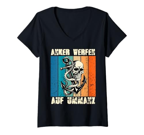 Damen Segler Anker WERFEN AUF UMMANZ Retro Lustiges Ostsee T-Shirt mit V-Ausschnitt von Ummanz Geschenk Ostsee Shirt Ummanz Souvenier