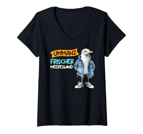 Damen UMMANZ FRISCHER MEERESWIND Ummanz Lustig Ostsee T-Shirt mit V-Ausschnitt von Ummanz Geschenk Ostsee Shirt Ummanz Souvenier