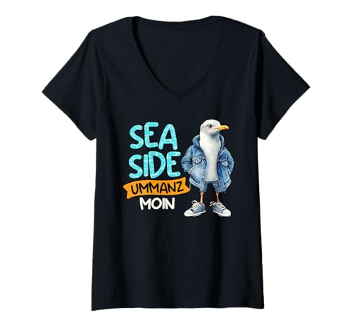 Damen Ummanz Souvenier SEA Side UMMANZ Moin Lustig Ostsee T-Shirt mit V-Ausschnitt von Ummanz Geschenk Ostsee Shirt Ummanz Souvenier