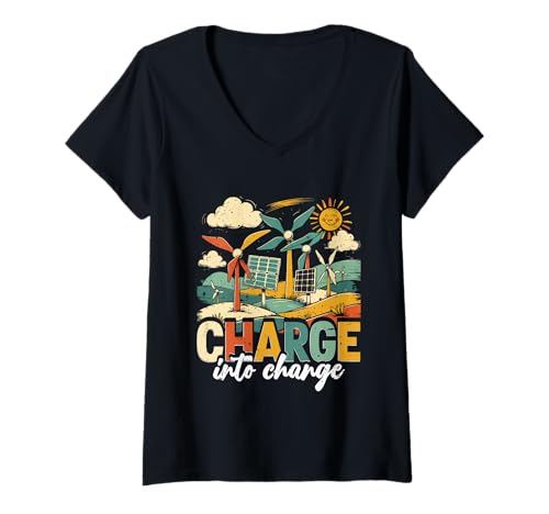 Damen Umweltschützer Erneuerbare Energie Charge Into Change T-Shirt mit V-Ausschnitt von Umwelt Klimaschutz Umweltverschmutzung