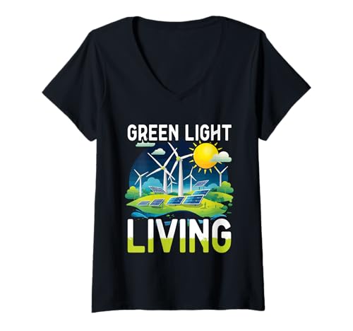 Damen Umweltschützer Erneuerbare Energie Green Light Living T-Shirt mit V-Ausschnitt von Umwelt Klimaschutz Umweltverschmutzung