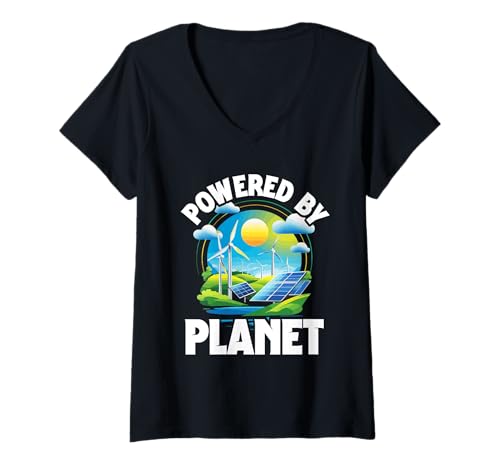 Damen Umweltschützer Erneuerbare Energie Powered by Planet T-Shirt mit V-Ausschnitt von Umwelt Klimaschutz Umweltverschmutzung