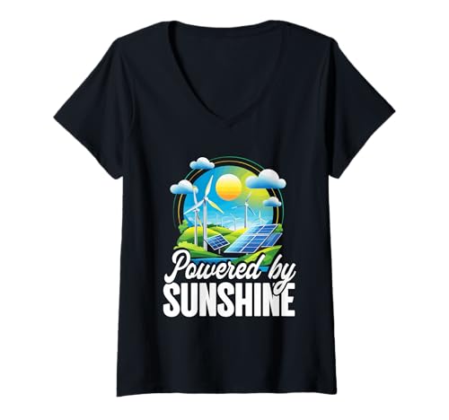 Damen Umweltschützer Erneuerbare Energie Powered by Sunshine T-Shirt mit V-Ausschnitt von Umwelt Klimaschutz Umweltverschmutzung