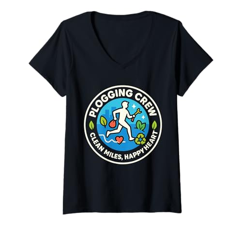 Damen Plogging Crew Saubere Kilometer Glückliches Herz T-Shirt mit V-Ausschnitt von Umweltfreundliche Bewegung Für Saubere Städte Und