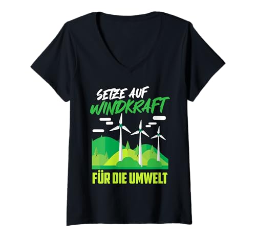 Damen Erneuerbare Energie SETZE AUF WINDKRAFT UMWELT Windenergie T-Shirt mit V-Ausschnitt von Umweltschutz TShirt Windkraft Strom Grüne Energie