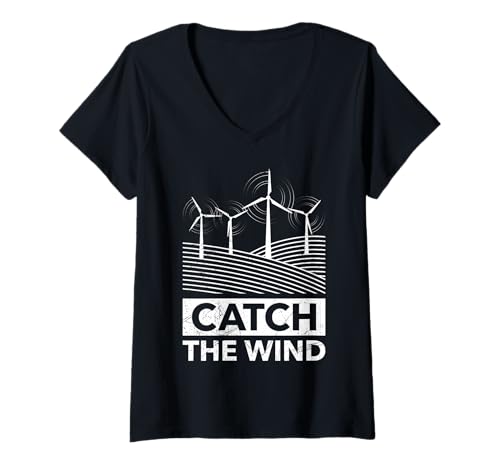 Damen Grüne Energie CATCH THE WIND Lustiges Windkraft T-Shirt mit V-Ausschnitt von Umweltschutz TShirt Windkraft Strom Grüne Energie