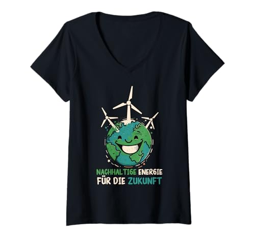 Damen Umweltschutz NACHHALTIGE ENERGIE FÜR DIE ZUKUNFT Windkraft T-Shirt mit V-Ausschnitt von Umweltschutz TShirt Windkraft Strom Grüne Energie