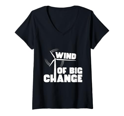 Damen Umweltschutz WIND OF BIG CHANGE Lustig Windenergie T-Shirt mit V-Ausschnitt von Umweltschutz TShirt Windkraft Strom Grüne Energie