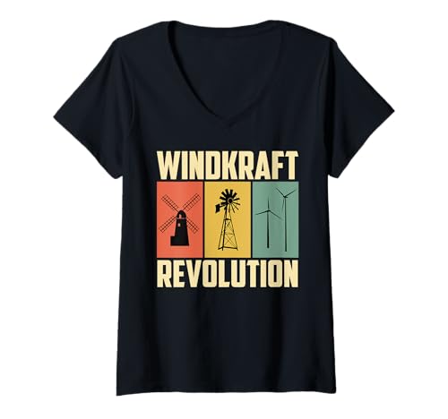 Damen WINDKRAFT REVOLUTION Retro Lustiges Grüne Energie T-Shirt mit V-Ausschnitt von Umweltschutz TShirt Windkraft Strom Grüne Energie