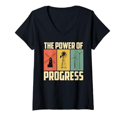 Damen Wind Energie POWER OF PROGRESS Retro Lustig Windkraft T-Shirt mit V-Ausschnitt Damen Wind Energie POWER OF PROGRESS Retro Lustig Windkraft T-Shirt mit V-Ausschnitt von Umweltschutz TShirt Windkraft Strom Grüne Energie