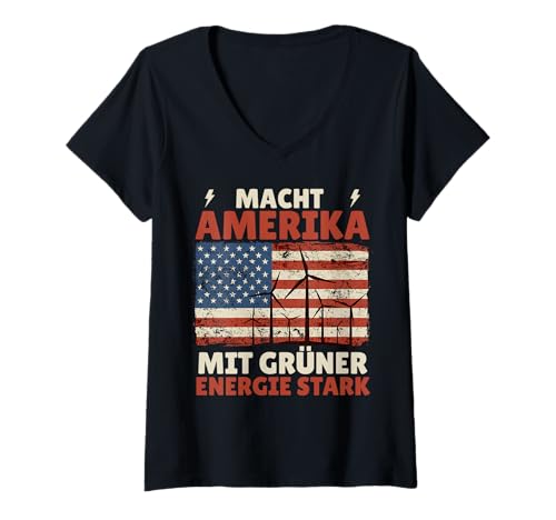 Damen Windkraft MACHT AMERIKA MIT GRÜNER ENERGIE STARK Windenergie T-Shirt mit V-Ausschnitt von Umweltschutz TShirt Windkraft Strom Grüne Energie