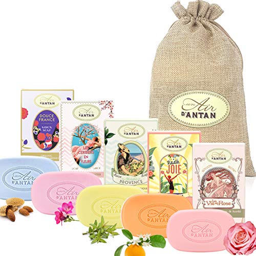 Beauty Set: 5er Seife Pack Un Air d'Antan/Bio Arganöl, Sheabutter/In einer hübschen Jutetasche /5 Duft: Rose, Mandel, Verbena, Kirschblüte, Orangenblüte/Geschenkset Damen/Wellness Set Für Frauen von Un Air d'Antan