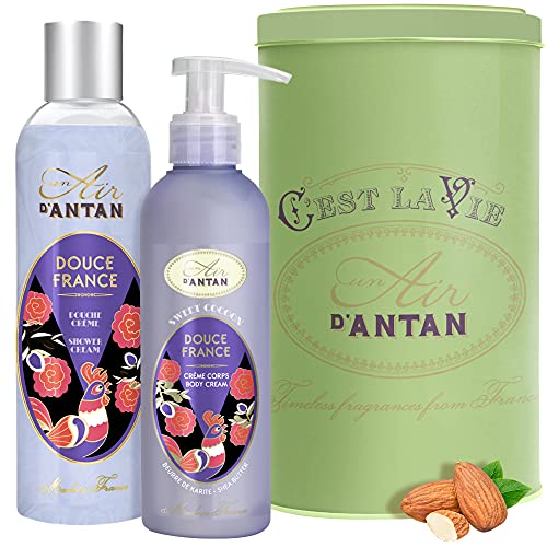 Französisches Geschenkset Für Frauen/Duft Mandel, Feige/ 1 Duschgel 250ml + 1 Bodylotion Frauen 200ml/ schöne Metallbox/Un Air d'Antan/Badezusatz Frauen/Geschenkset Damen/Badeset Frauen Geschenk von Un Air d'Antan