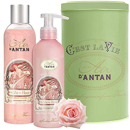 Französisches Geschenkset Für Frauen/Duft Rose, Pfirsich, Patchouli/ 1 Bio-Rosen-Duschgel 250ml + 1 Bodylotion Frauen 200ml/ schöne Metallbox/Un Air d'Antan/Badezusatz Frauen/Geschenkset Damen von Un Air d'Antan