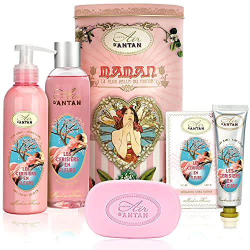 Wellness Set Für Frauen mit Badeprodukten, Kirschblütenduft: 1 Duschgel/Sprudelbad 250ml, 1 Handcreme 25ml, 1 Seife 100g, 1 Körperlotion 200ml, Paraben Frei/Französisch Badeset Frauen Geschenk von Un Air d'Antan