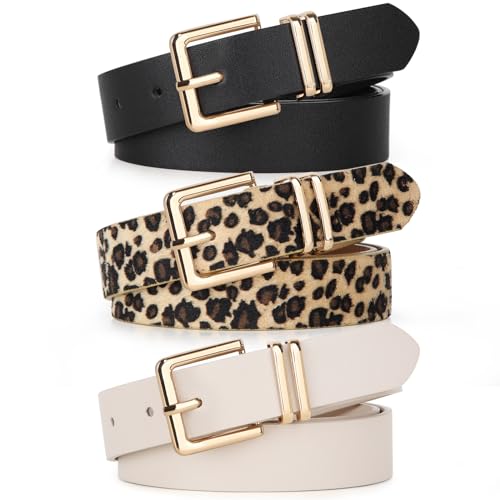 UnFader Pack 3 Frauen Gürtel für Jeans Pnats, Mode Gold Schnalle Leder Gürtel, 3 - Schwarz + Beige + Leopard, L UnFader Pack 3 Frauen Gürtel für Jeans Pnats, Mode Gold Schnalle Leder Gürtel, 3 - Schwarz + Beige + Leopard, L von UnFader