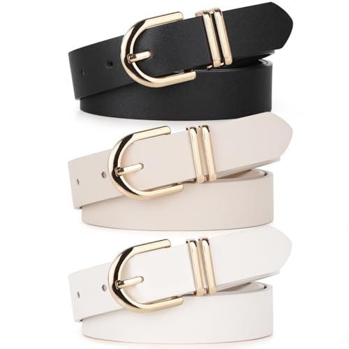 UnFader Pack 3 Frauen Gürtel für Jeans Pnats, Mode Gold Schnalle Leder Gürtel, 6 - Schwarz + Beige + Weiß, M von UnFader