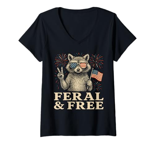 Damen Feral & Free Unabhängig Friedlich T-Shirt mit V-Ausschnitt Damen Feral & Free Unabhängig Friedlich T-Shirt mit V-Ausschnitt von Unabhängigkeit Freiheit Waschbär Vintage