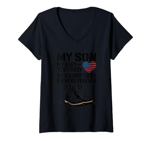 Damen Mein Sohn Mein Baby Gestern Soldat Heute T-Shirt mit V-Ausschnitt Damen Mein Sohn Mein Baby Gestern Soldat Heute T-Shirt mit V-Ausschnitt von Unabhängigkeitstag 4. Juli Mein Sohn