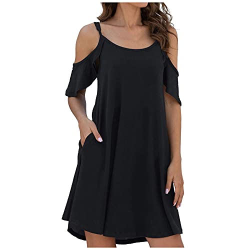 2022 Frauen Sommer Casual Dress Kalte Schulter RüSchen ÄRmel Kleider Mit Tasche,Partykleid,Cute Sommerkleid,Sommerkleider 2022,Elegante Kleider,SchöNe Kleider,Kleider Sommer,Strandkleider Damen von Unbekannt